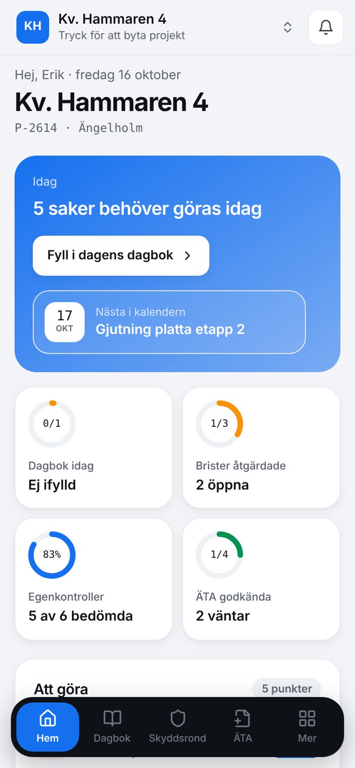 KMA-portalens översikt i mobilen: fem saker att göra idag, dagbok, brister, egenkontroller och ÄTA
