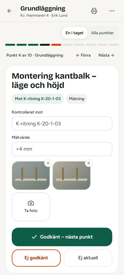 Egenkontroll i KMA-portalen: en kontrollpunkt med kontrollerat mot, mätvärde, foton och knappen Godkänt – nästa punkt