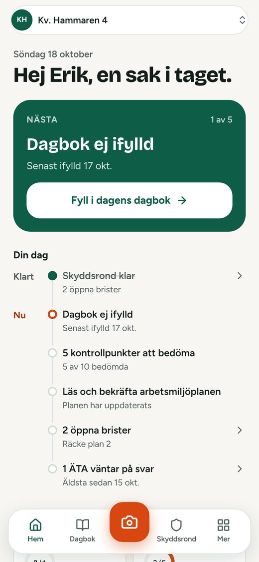 Startsidan i KMA-portalen med nästa sak att göra och dagens tidslinje