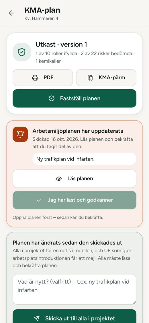 KMA-planen i KMA-portalen med arbetsmiljöplan, kemikalier och läs och bekräfta