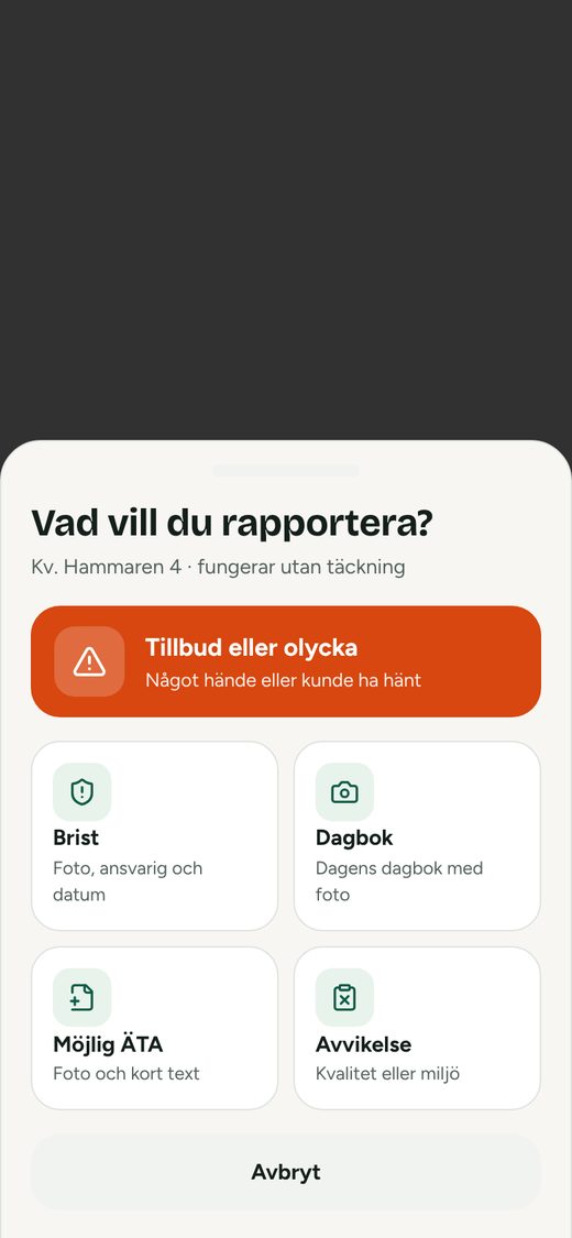 Snabbrapporten i KMA-portalen: tillbud eller olycka, brist, dagbok, möjlig ÄTA och avvikelse